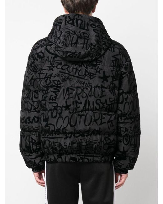 Versace Black Graffiti-print Flocked Hooded Jacket for men