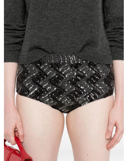 P.A.R.O.S.H. Black Patterned Sequin-Embellished Mini Shorts