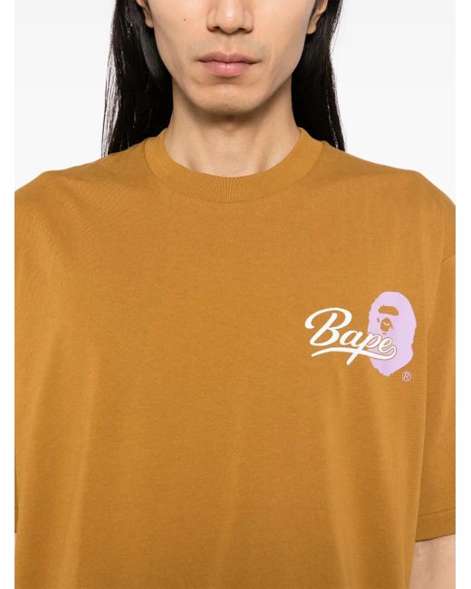 A Bathing Ape Yellow Logo Printed Cotton Crewneck T-Shirt for men