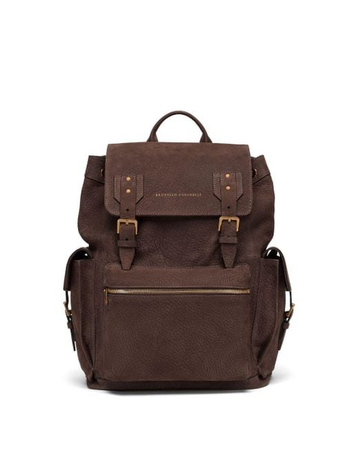 Brunello Cucinelli Brown Logo-Print Leather Backpack for men