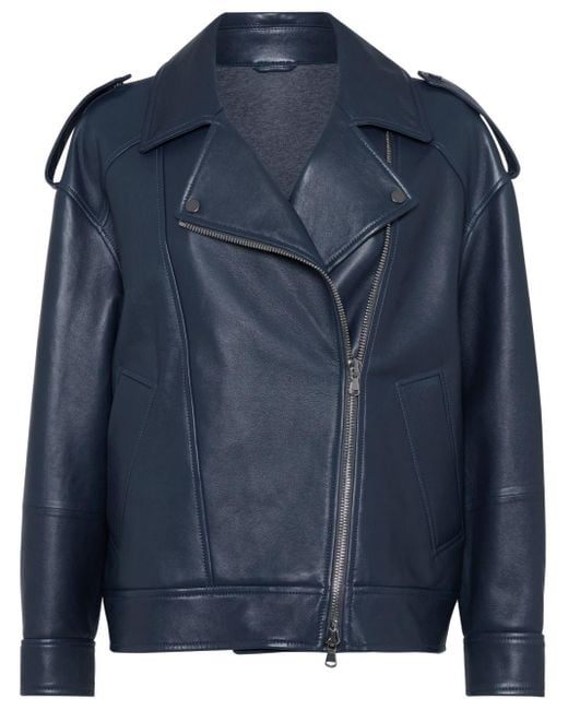 Brunello Cucinelli Blue Biker Leather Jacket