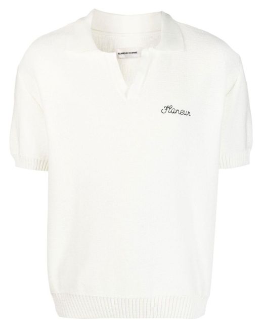 FLANEUR HOMME White Embroidered-logo Knit Polo Shirt for men