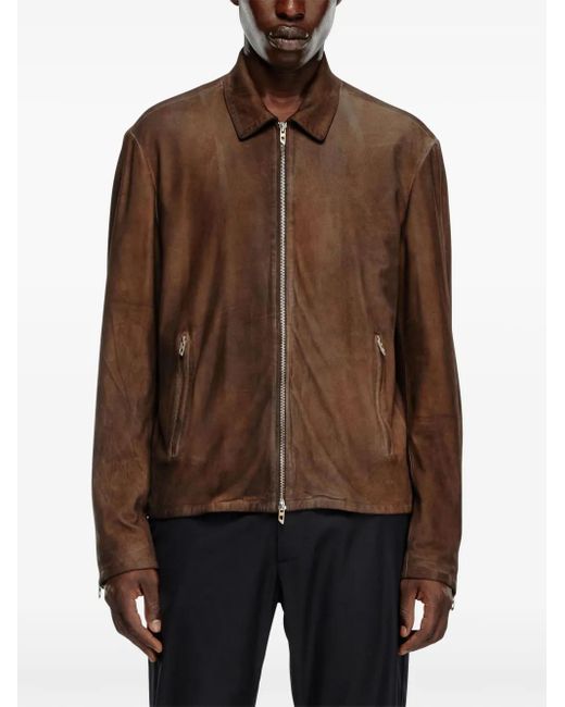DIESEL Brown L-Crombe Zip-Up Leather Jacket for men