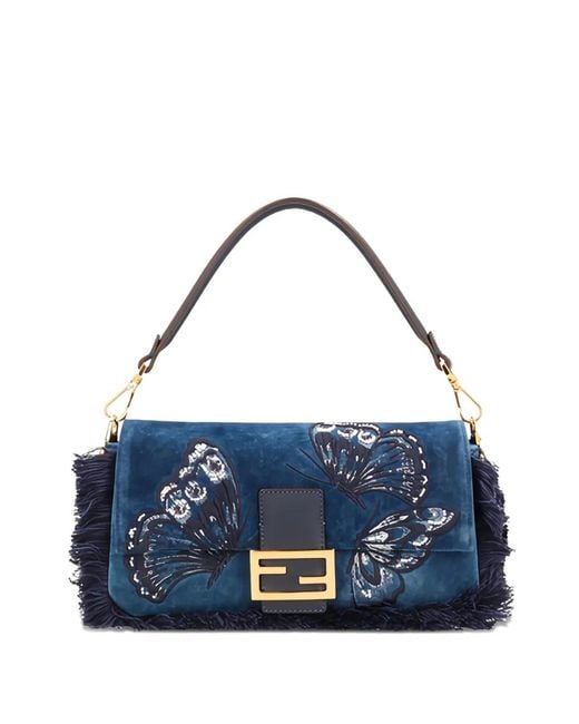 Fendi Blue Medium Baguette Denim Butterfly-Motif Shoulder Bag