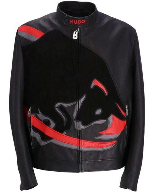 HUGO Black X Rb Bull-Motif Leather Jacket for men