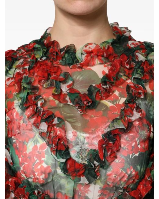 Dolce & Gabbana Red Ruffled Floral-Print Asymmetric Dress