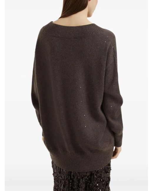Brunello Cucinelli Brown Sequin-Embellished V-Neck Sweater