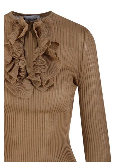 Nude Natural Ruffled Ribbed Blouse