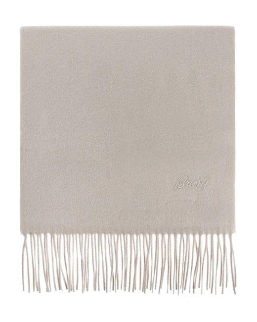 Brioni Gray Logo-embroidered Fringe Scarf for men