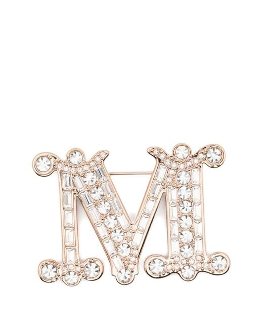 Max Mara White Crystal M Logo Brooch