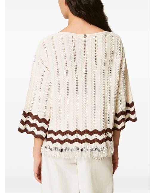 Twinset Natural Jumper With Zig-Zag Detail And Fringes