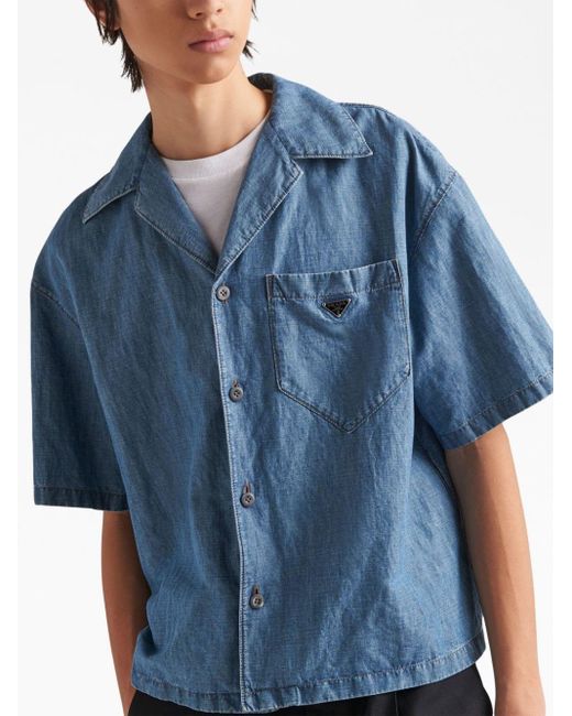 Prada Blue Short-sleeved Chambray Shirt for men
