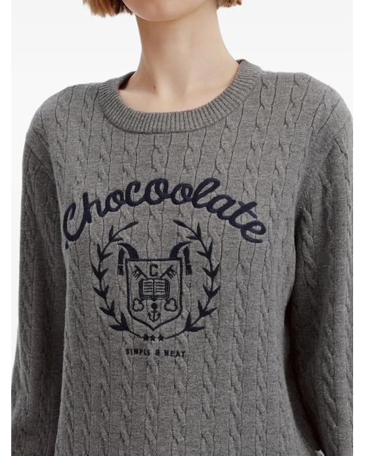 Chocoolate Gray Cable-Knit Embroidered Sweater