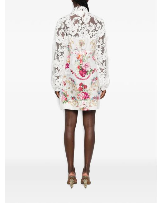 Camilla White Lace-Sleeves Floral-Print Mini Dress