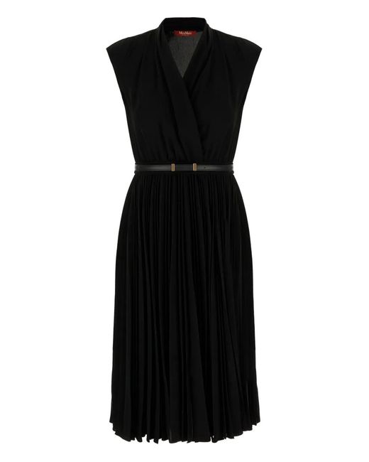 Max Mara Black Pleated Belted Midi Dress