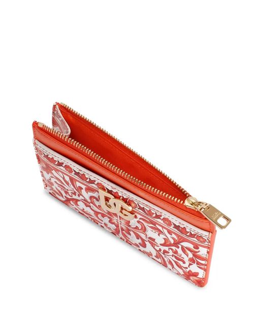 Dolce & Gabbana Red Majolica-Print Mini Card Holder With Zip Closure