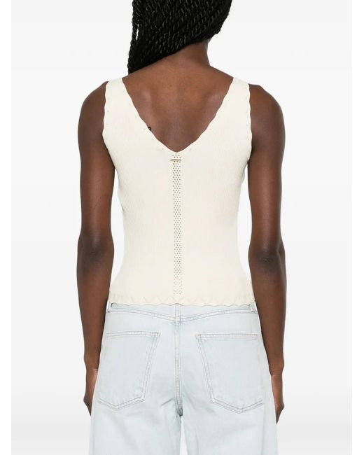 Twinset White Ribbed-Knit Pointelle-Trim Top