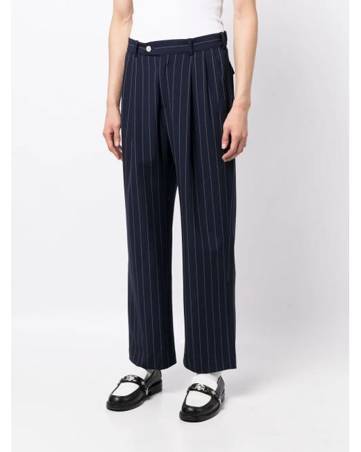 Late Checkout Blue Pinstripe-Pattern Virgin Wool Trousers for men