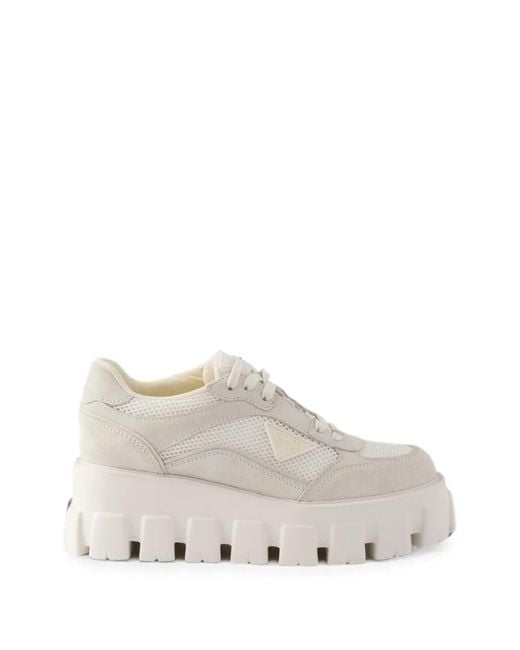 Prada White Monolith Suede And Mesh Fabric Sneakers