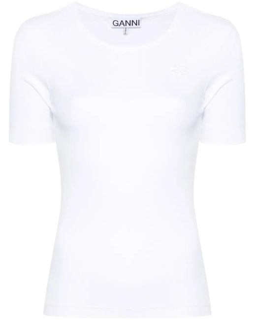 Ganni White Soft Cotton Rib Short Sleeve T-Shirt