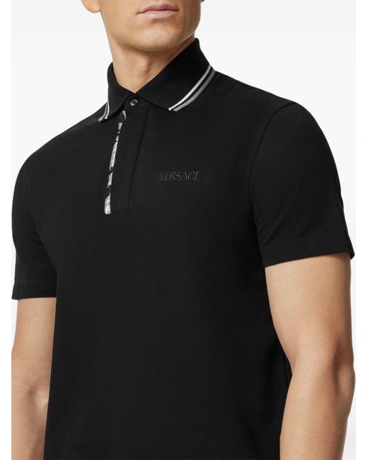 Versace Black Barocco Embroidered Polo Shirt for men