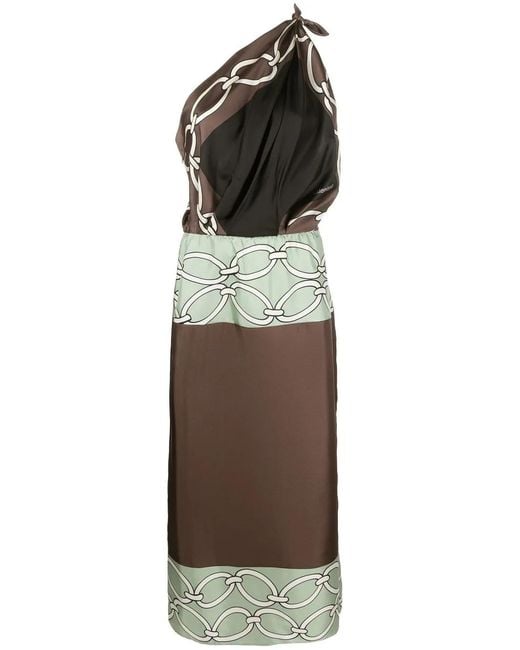 Valentino Garavani Green Chain-Print One-Shoulder Silk Midi Dress