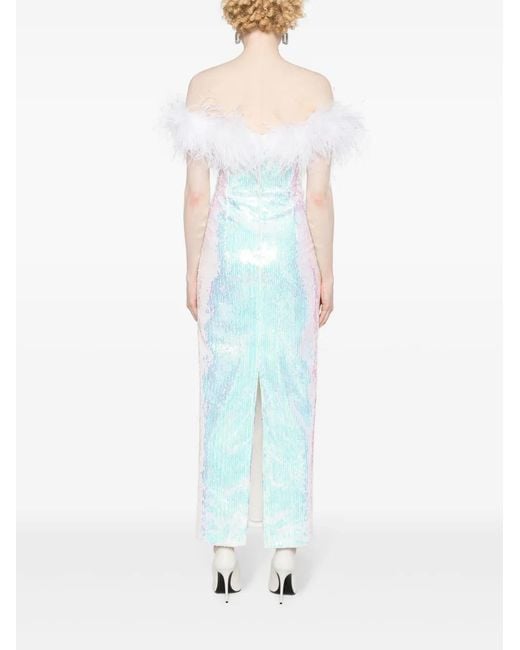 Nissa Blue Feather-Trim Sequin-Design Dress