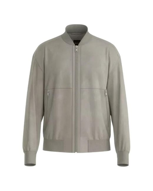 Boss Gray Leather Bomber Jacket for men