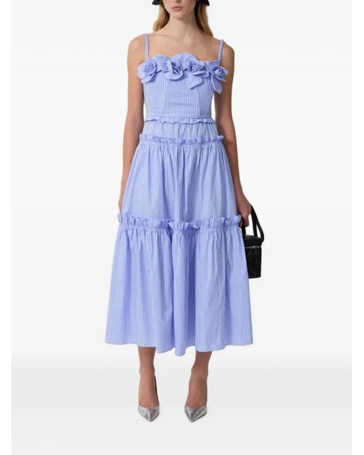 AKNVAS Blue Floral-Appliqué Ruffled Midi Dress