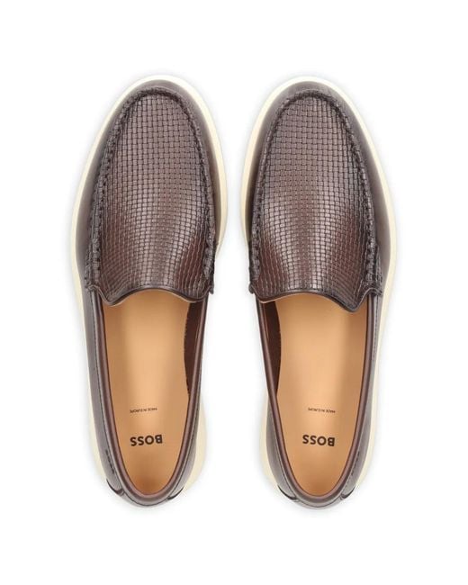 Boss White Woven-Panel Leather Loafers for men