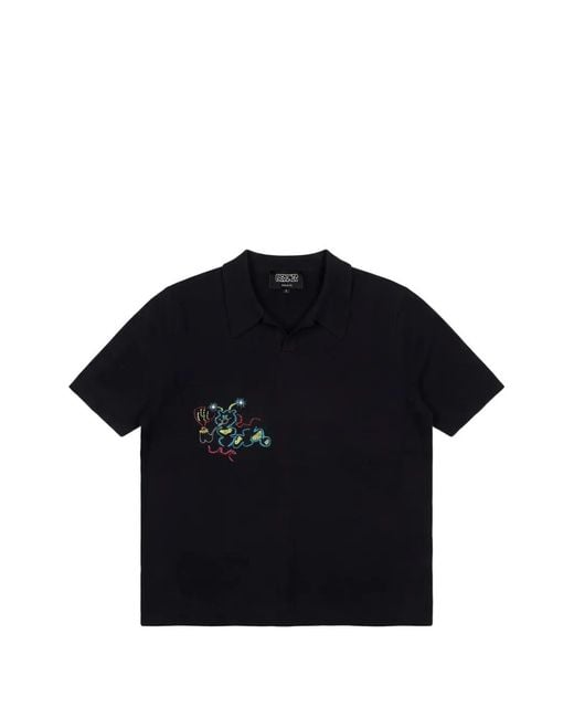 PAS DE MER Blue Caterpillar Embroidered Cotton Polo Shirt for men