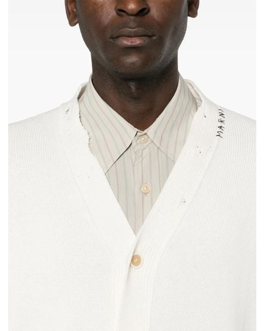 Marni White Distressed Cotton Knit Cardigan for men