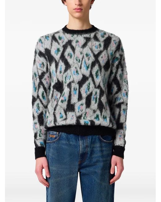 MSGM Gray Geometric-Pattern Mohair-Blend Sweater for men
