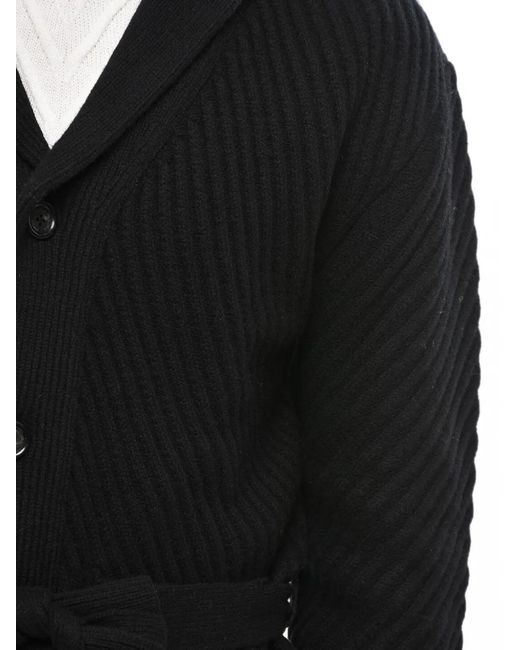 Paolo Pecora Black Belted Ribbed-Knit Cardigan for men