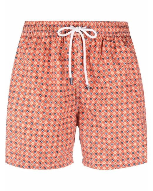 Fedeli Orange Graphic-Print Swimshorts for men