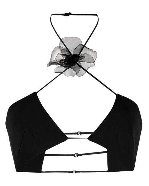 Nensi Dojaka Black Floral-Appliqué Halterneck Cropped Top