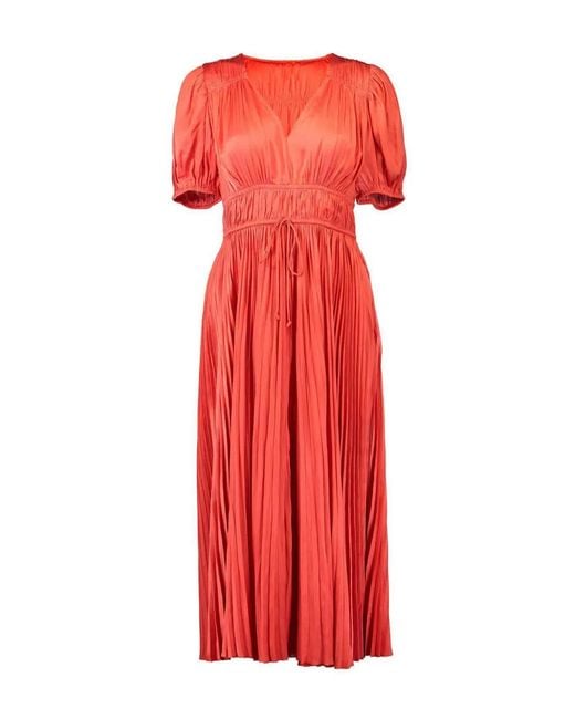 Ulla Johnson Red Audra Puff-Sleeve Pleated Dress