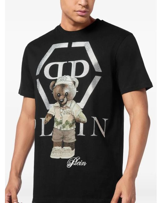 Philipp Plein Black Crystal-Embellished Teddy-Bear T-Shirt for men