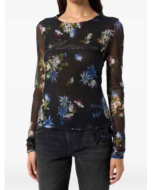 Blumarine Black Floral-Print Mesh Top