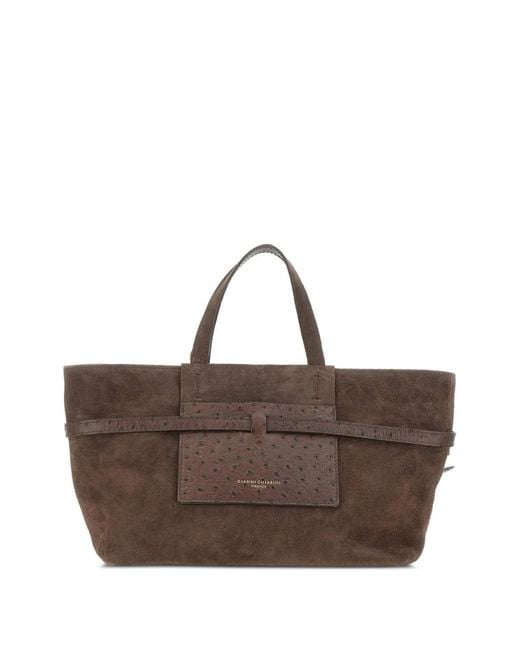 Gianni Chiarini Brown Belty Ostrich-Effect Suede Tote Bag