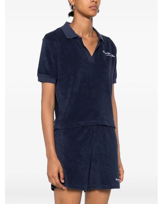 Sporty & Rich Blue Embroidered Cotton Terry Polo Top