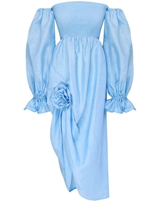 Sleeper Blue Atlanta Rose-appliqué Linen Dress
