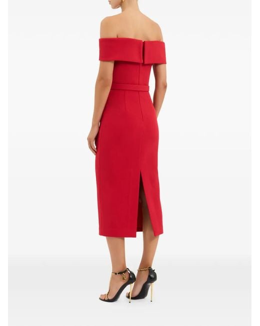 Rebecca Vallance Red Precious Belted Off-The-Shoulder Midi Dress