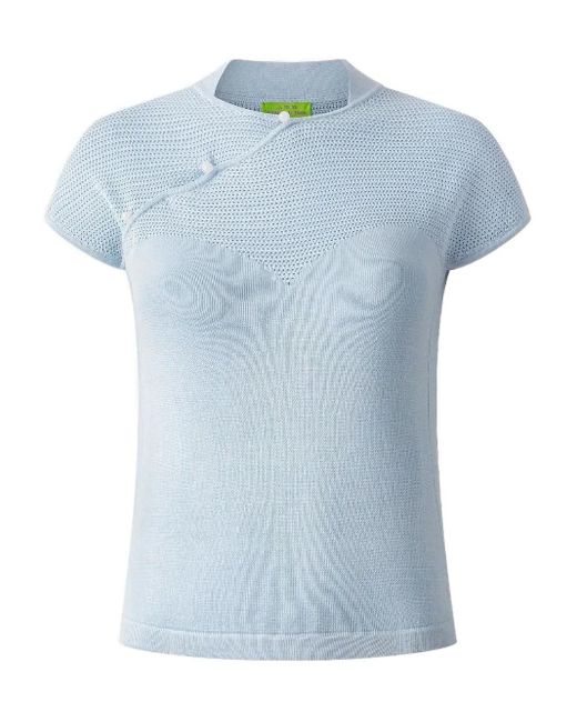 Shanghai Tang Blue Short-sleeves Silk Blouse