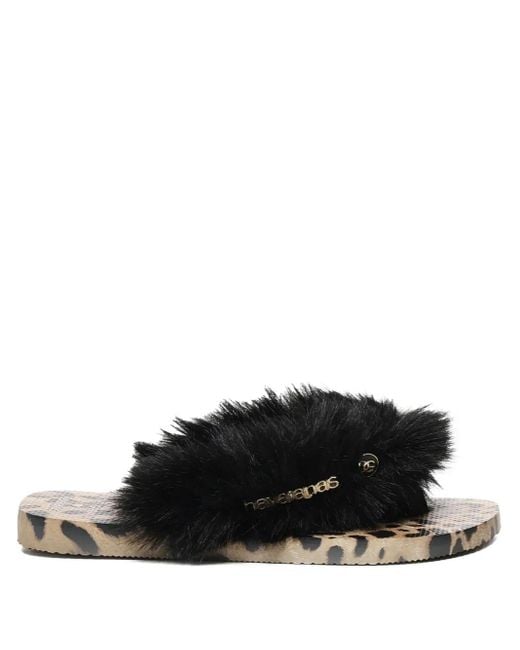 Dolce & Gabbana Black X Havaianas Fur-Trimmed Leopard-Print Flip-Flops