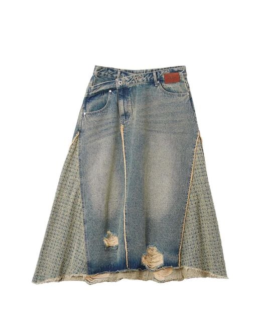 Musium Div. Blue Patchwork Distressed-Finish Midi Skirt