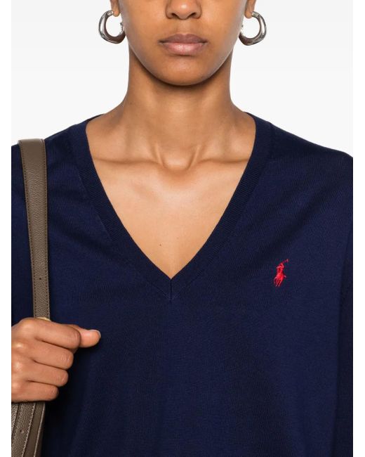 Maglione Con Ricamo E Scollo A V di Polo Ralph Lauren in Blue