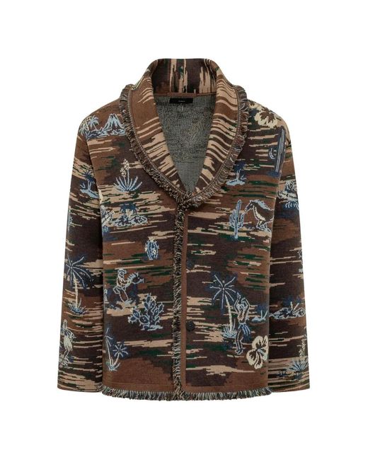 Alanui Gray Fringed Jacquard-Knit Cardigan for men