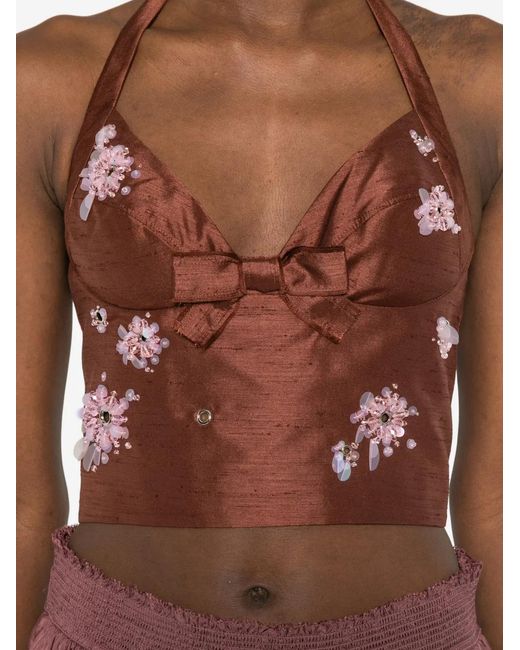 ShuShu/Tong Brown Bead-Embellished Bow-Detail Top