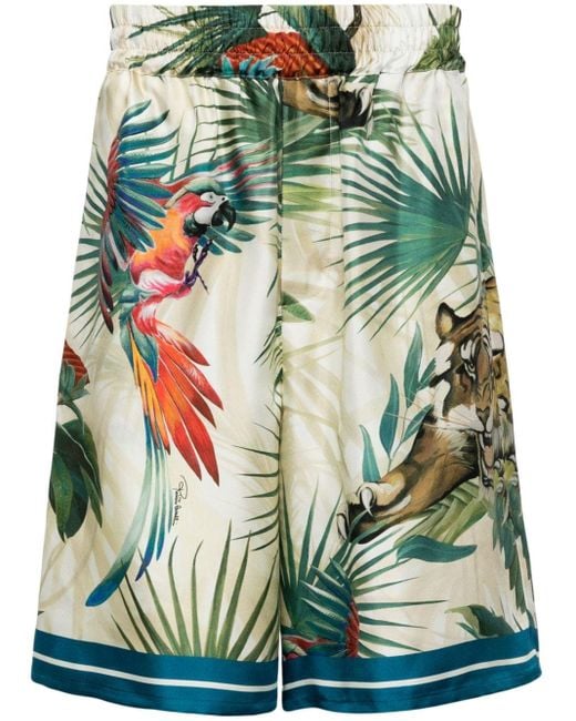 Roberto Cavalli Green Jungle-print Silk Shorts for men